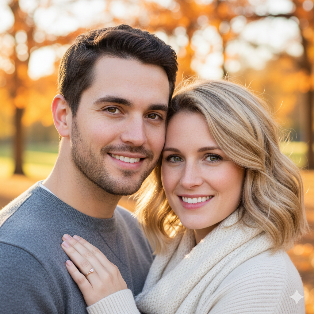 Smiling couple embracing outdoors