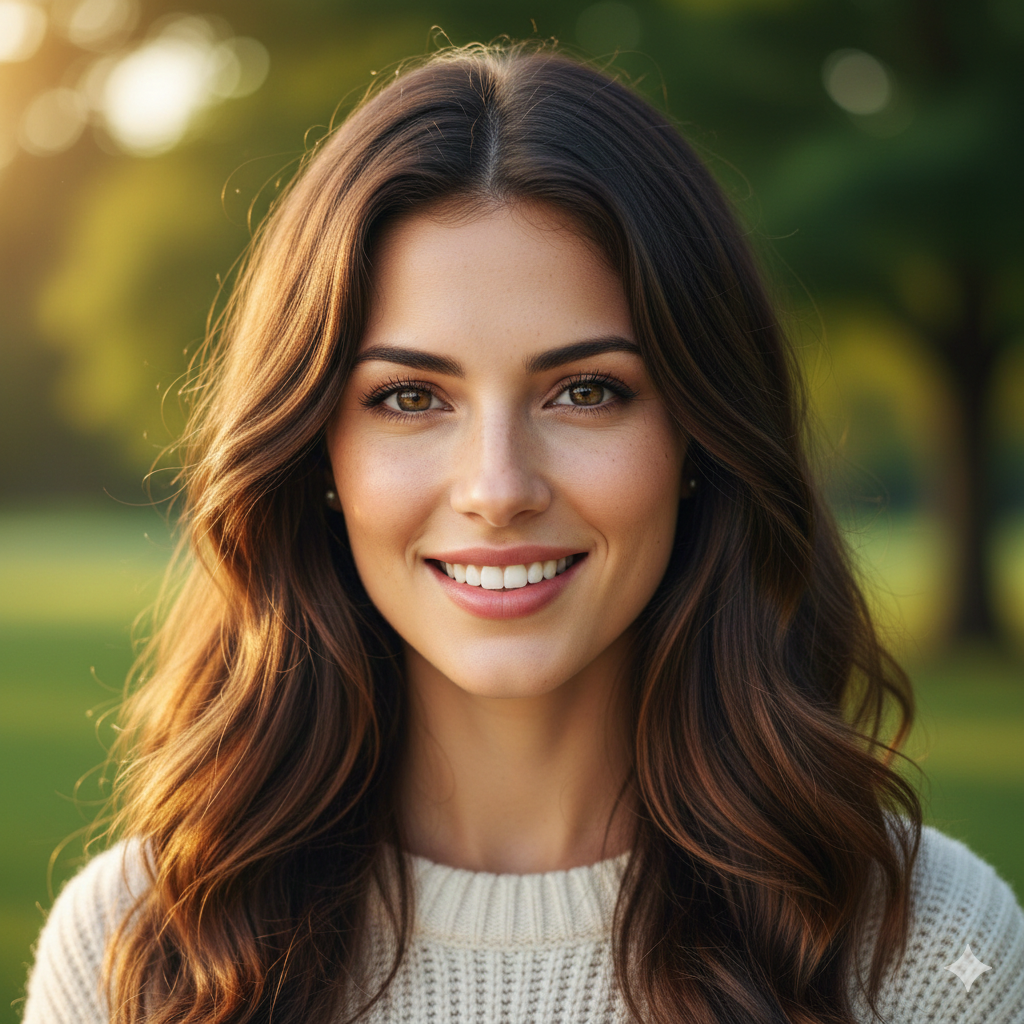 Portrait of a smiling woman with long brown hair