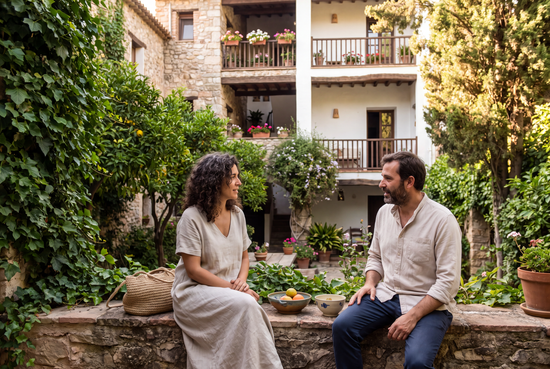 Couple talking in a courtyard