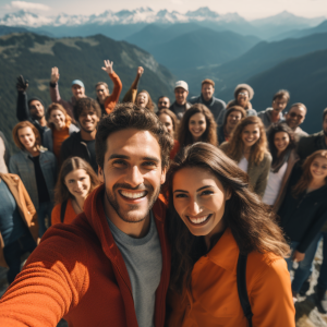 Couple taking a selfie with a group of friends
