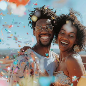Happy couple celebrating in falling confetti