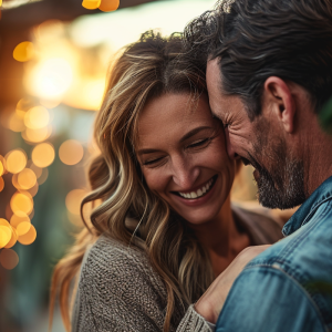 Couple embracing under string lights