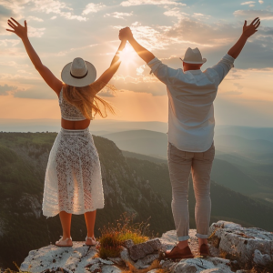 Couple celebrating on a mountain top